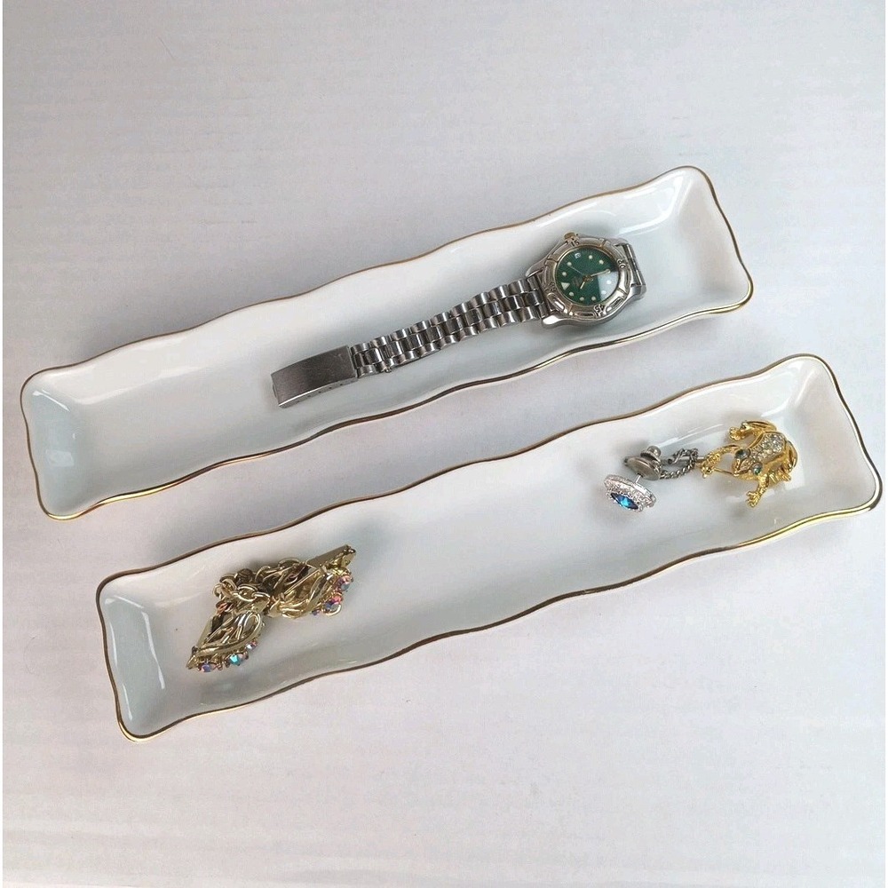 Set of 2 White Golden Heirloom Shafford Porcelain Trays With Gold Trim 8.5" x 2"